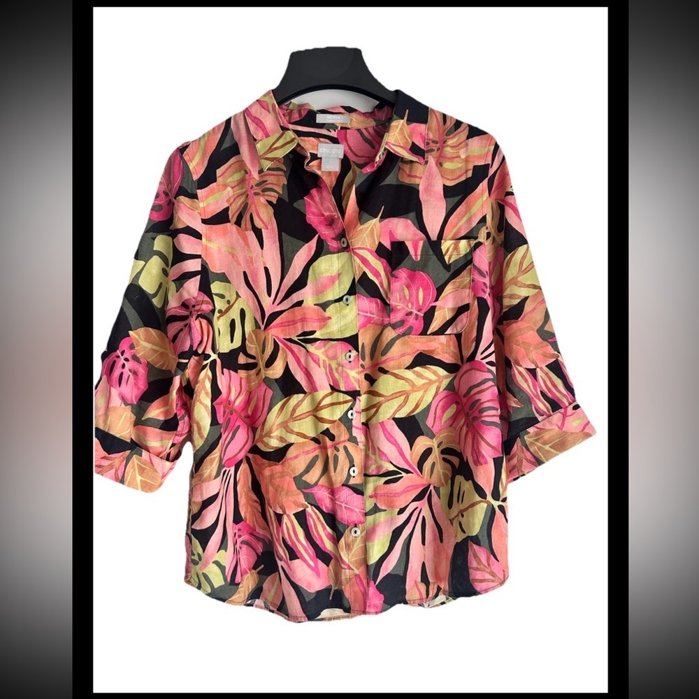 CHICOS Women’s 100% Linen Tropical Print Short SL Blouse Sz 12